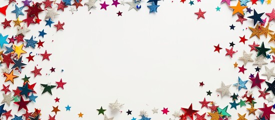 Poster - Festive holiday layout with a colorful circular wreath of stars on a white backdrop perfect for a greeting card with copy space image