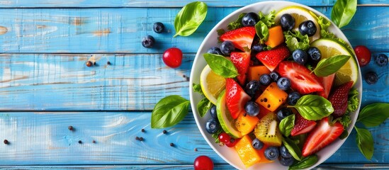 Poster - Healthy food fresh fruit and vegetable salad on a blue wooden backdrop in a top down view providing ample copy space image