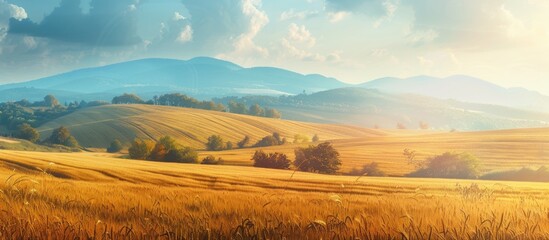 Poster - A picturesque rural landscape with golden fields bathed in sunlight offers an ideal background for showcasing nature agriculture and harvest themes perfect for a wallpaper or backplate with copy spac
