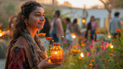 Poster - indian woman holding a lantern in her hand, and group of visitors at a cultural pathway with contemporary pottery