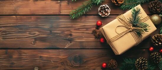 Poster - A gift box for Christmas and New Year placed on a wooden board with copy space image