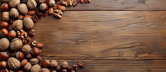 Poster - Assorted nuts like hazelnuts and walnuts scattered on a wooden surface seen from the top with plenty of copy space image