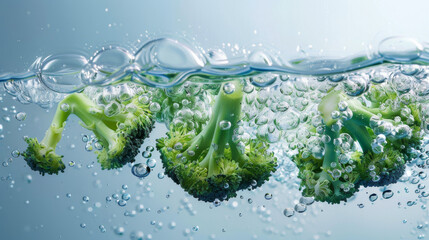 Wall Mural - Close-up of fresh broccoli floating in water with bubbles around.