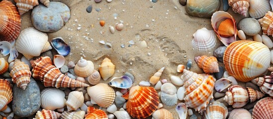 Wall Mural - Sandy beach adorned with diverse seashells and stones offering copy space image