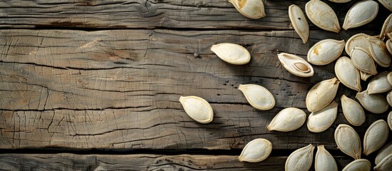 Poster - An array of pumpkin seeds laid out on a vintage wooden table with ample copy space for text or design