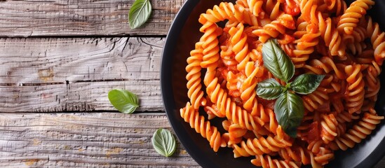 Aufkleber - Top view of a vegetarian Italian dish on the menu concept featuring rotini pasta in tomato sauce with a background suitable for text in a copy space image