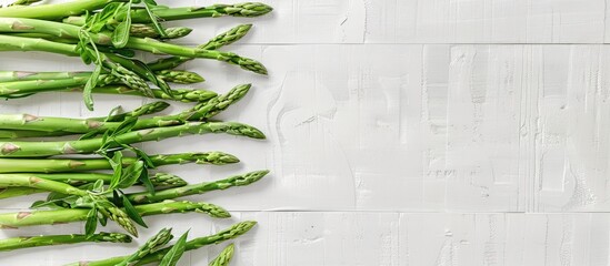 Poster - Top view of fresh asparagus against a white wooden backdrop with plenty of copy space image