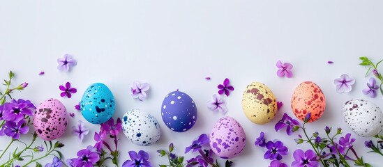 Poster - Colorful Easter eggs and phlox flowers on a white background with a copy space image for creating border templates Easter greetings and holiday cards