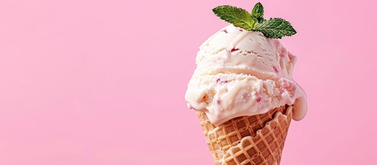 Poster - Pink background sets the stage for a flat composition featuring a vanilla ice cream cone adorned with mint creating an inviting copy space image