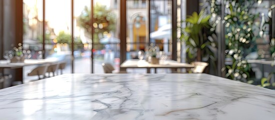 Aufkleber - White marble table with no items and a blurred glass window in a restaurant setting for showcasing products or creating a banner with a copy space image