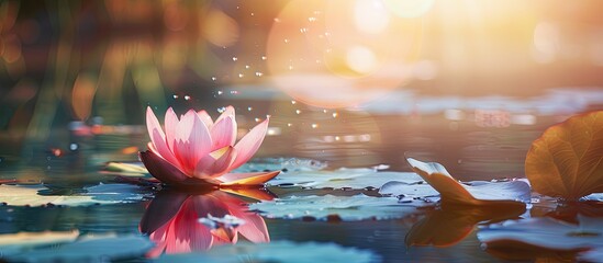 Aufkleber - A lovely pink lotus shines under sunlight in the water offering a serene copy space image