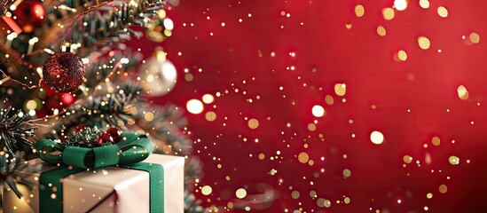Fototapete - Elegant winter themed image with a golden tree a white gift box adorned with a green bow red baubles sparkling lights and a dark red backdrop for text placement. copy space available