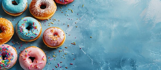 Poster - Colorful glazed doughnuts on a blue concrete surface top view with ample copy space image