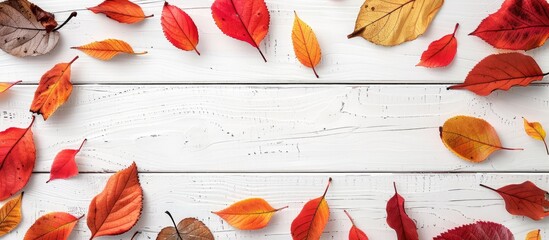 Poster - Autumn leaves frame text on white wood backdrop with copy space image