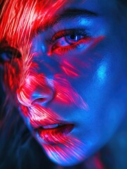 Wall Mural - Woman's face with red and blue lights