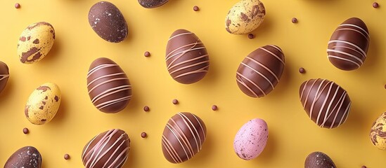 Aufkleber - Top view of Easter chocolate eggs candy on a soft yellow backdrop an imaginative flat lay concept with a copy space image integrated seamlessly
