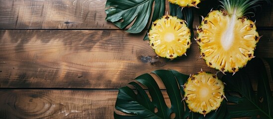 Poster - Pineapple halves and tropical leaf on wooden backdrop with copy space image