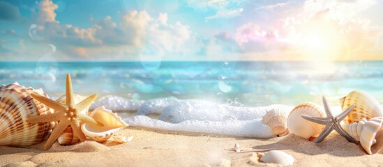 Poster - Tranquil beach scene with seashells starfish on sandy ocean backdrop ideal for summer sale with copy space image