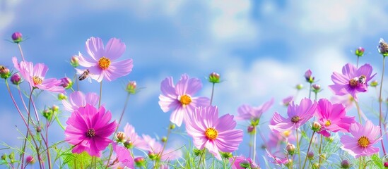 Aufkleber - Vivid image of cosmos flowers in summer field teeming with bees and pollinators perfect for a copy space image