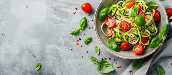 Poster - Closeup of tasty zucchini pasta with cherry tomatoes and basil on a light grey table with copy space image