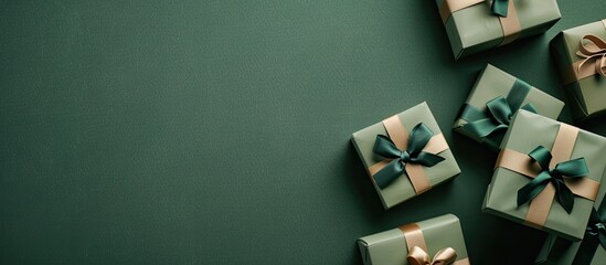 Poster - Gift boxes arranged elegantly on a textured green backdrop perfect for a copy space image