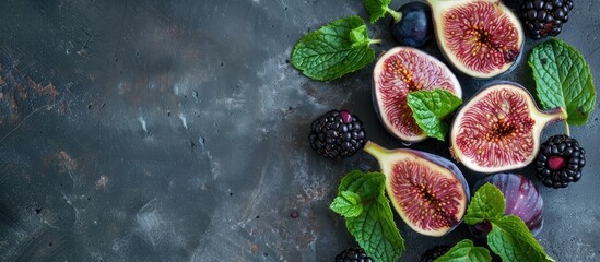Poster - A healthy vegetarian option featuring fresh figs vibrant mint leaves and juicy blackberries presented on a copy space image