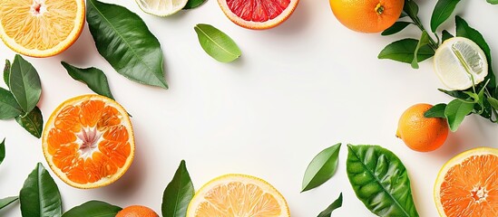 Aufkleber - Top view of various citrus fruits with fresh leaves on a white backdrop offering space for text in the image. copy space available