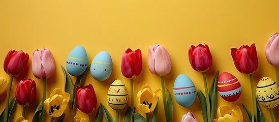 Aufkleber - Celebrate Easter with vibrant painted eggs and tulips on a yellow backdrop showcasing the Easter spirit with copy space image