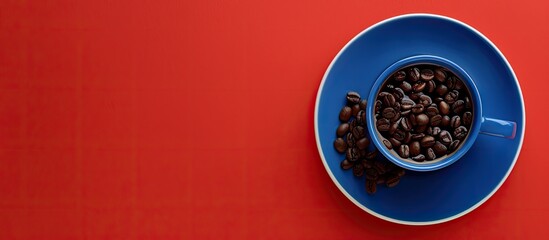 Aufkleber - Top view of a blue cup of coffee with roasted coffee beans on a saucer against a red background offering copy space image