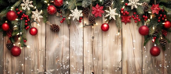 Poster - Copy space image of Christmas decorations on a wooden backdrop