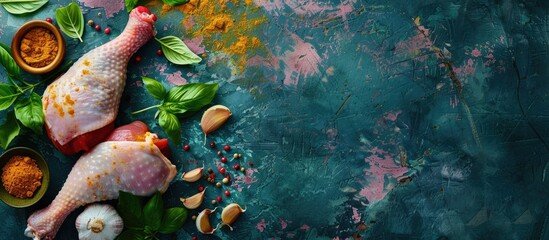 Poster - Raw chicken leg with flavorings and turmeric on a copy space image