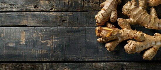 Poster - Ginger roots on a dark wooden backdrop with copy space image