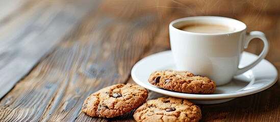 Poster - On a wooden table a white cup of coffee and cookies are displayed with room for text or other elements in the background known as copy space image