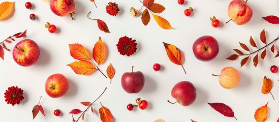 Poster - Flat lay arrangement showcasing vibrant autumn leaves flowers and small red apples on a white backdrop provides a pleasing copy space image