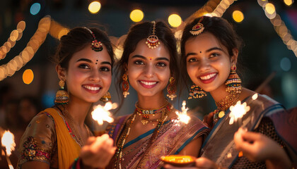 Poster - Three beautiful young Indian women in traditional , smiling and holding sparklers at an indoor festive event with light decorations, celebrating the festival of Diwali