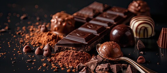Poster - Various chocolate candies and broken pieces along with a spoon dusted in cocoa powder arranged on a black reflective surface presenting a striking copy space image