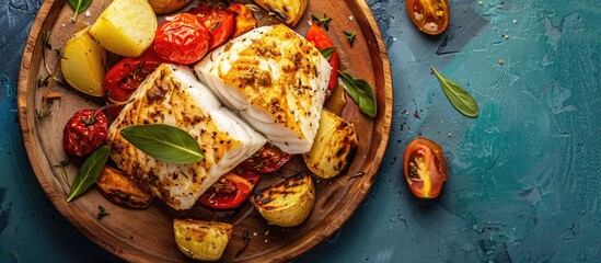 Poster - Top view of a wooden plate serving baked halibut with roasted tomato and potato on a blue background creating the perfect copy space image