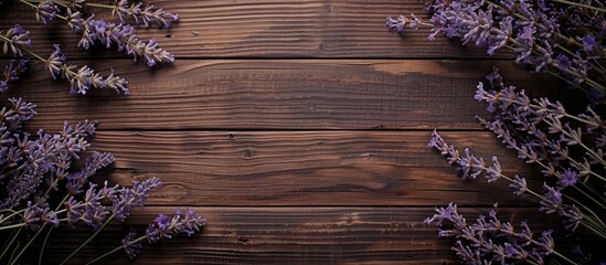 Poster - Top view of a lovely display with preserved lavender flowers on wooden table ideal for adding text in the copy space image