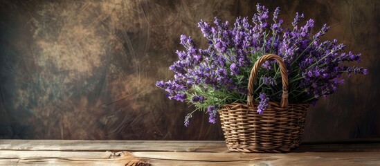 Poster - A rustic bouquet of lavender arranged in a basket on a wooden table offers a romantic ambiance with a rustic touch ideal for a copy space image