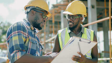 Two construction workers, equipped with helmets and safety vests, examine paperwork at a sunny building site, embodying collaboration and diligence.