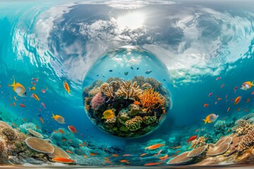 Poster - This image depicts an underwater coral reef teeming with colorful fish and intricate coral formations, capturing the vivid and dynamic ecosystem under the sea.