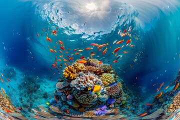 Poster - This image showcases the interaction between various fish species and coral structures in a lively marine ecosystem, highlighting the symbiotic relationships under the sea.