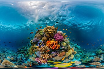 Poster - Vibrant underwater scene of a coral reef teeming with colorful fish and marine life, showcasing the beauty and diversity of ocean ecosystems in a thriving habitat.