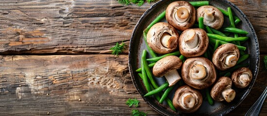 Poster - Table set with delicious mushrooms and green beans on a plate with copy space image