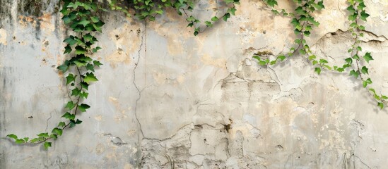 Poster - Deteriorated house exterior showing crumbling plaster green ivy on dirty white cement surface Abstract wall with copy space image