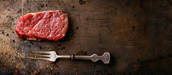 Poster - Presentation of a raw steak on a fork atop a vintage table in a top view composition with available copy space image