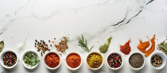 Poster - Top view of various spices displayed on a white marble surface with room for text Copy space image