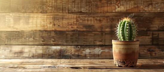 Aufkleber - A cactus displayed on a coffee cafe s wooden table with a background and room for a copy space image