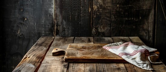 Poster - A wooden table with a cutting board and a towel providing a rustic backdrop with ample copy space image