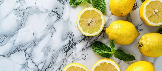 Aufkleber - From above view of fresh lemons and green mint leaves arranged on a marble background in a flat lay style image with copy space